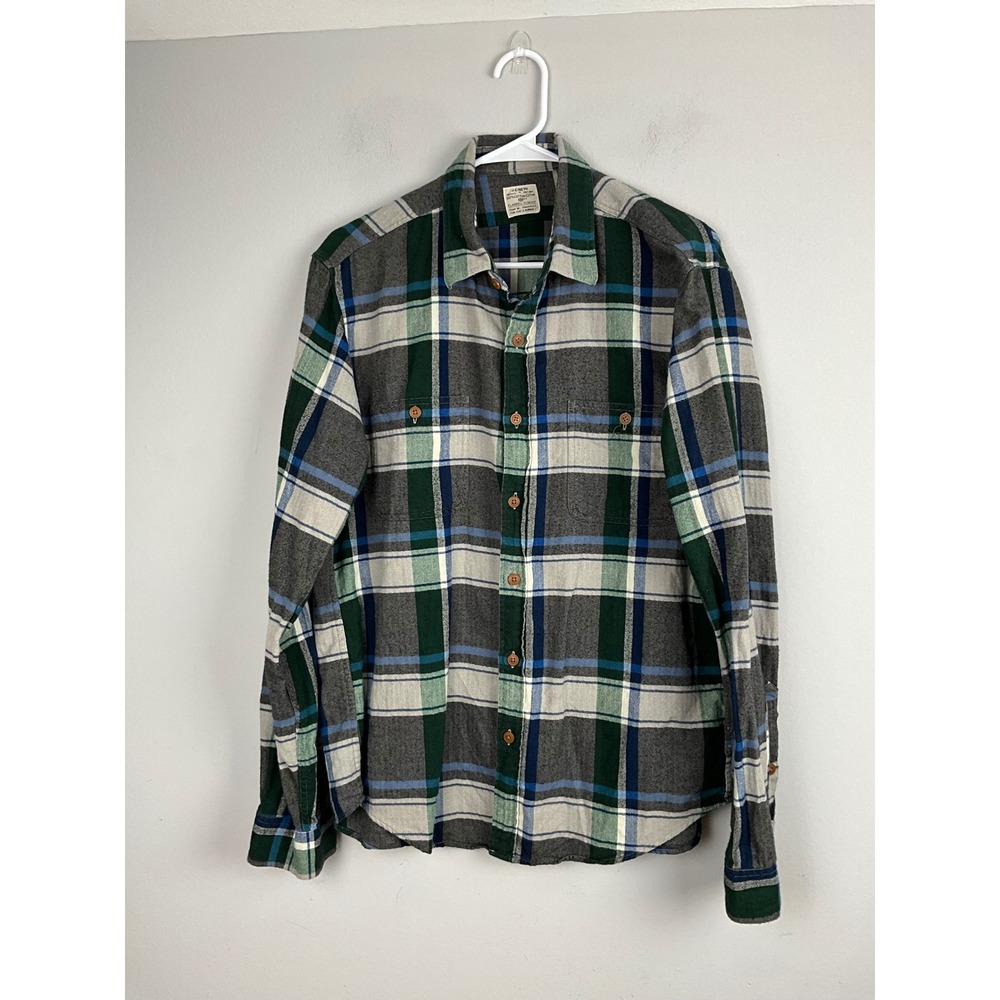 J Crew Mens Flannel Shirt Large Green Blue Plaid Slim Fit Cotton 92937